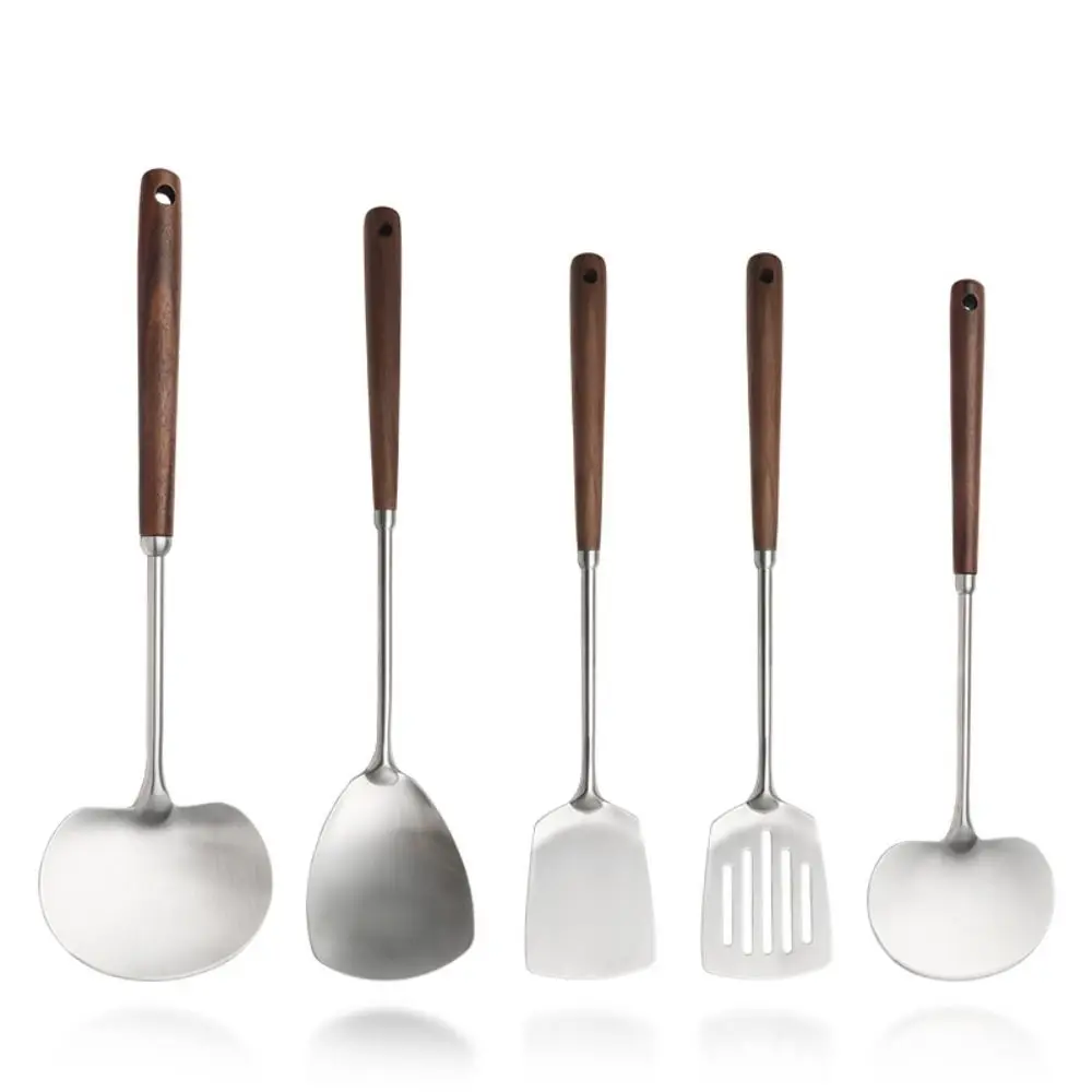 304 Stainless Steel Seamless Spatulas Wooden Handle Stainless Steel Cooking Shovel Long Handle Heavy Duty Fried Shovel
