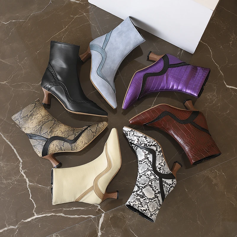 Kcenid Big Size 48 PU Patchwork Pointed Toe Med Heels Shoes Chic Design Concise Autumn Winter Shoes Dress Warm Ankle Boots