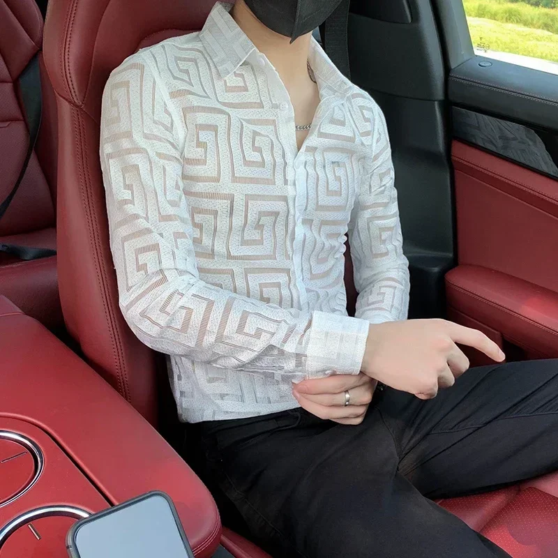 

2023 Men's Sexy Transparent Hollow Lace Shirt Slim Social Party Club / Prom Tuxedo Shirt Tops Nightclub Stage Singer Clothing