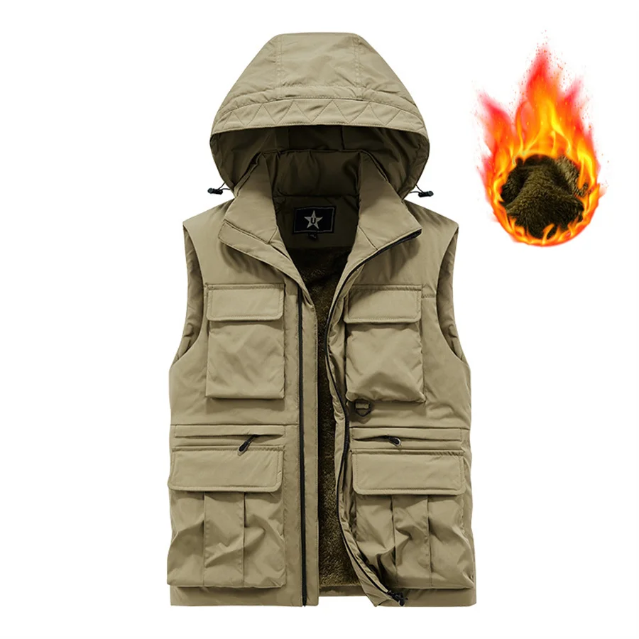 2025 Winter Men's Cargo Vest Thick Fleece Warm Sleeveless Jacket Hooded Tactical Coat Men Pockets Workwear Outdoor Waistcoat 2
