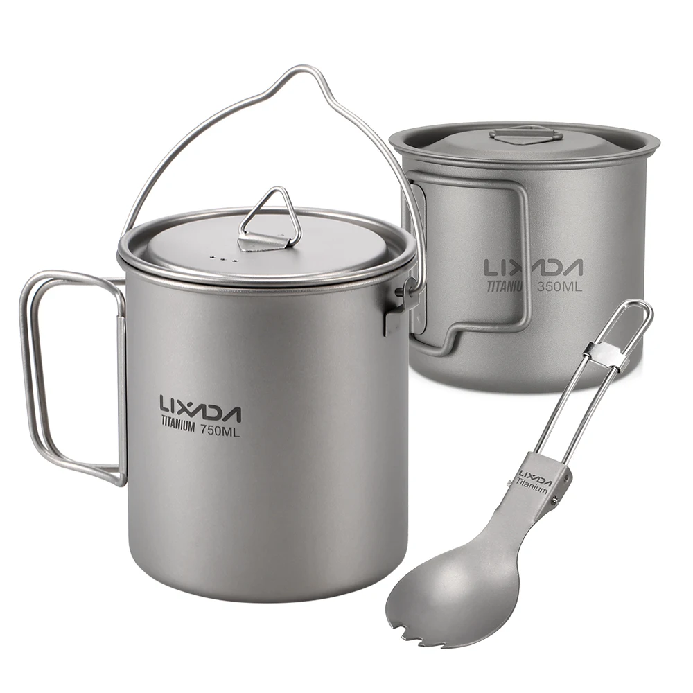 Lixada 티타늄 컵 냄비 식기 세트, 야외 캠프 티타늄 750ml 냄비 350ml 물컵 머그잔, 뚜껑 접이식 손잡이 접이식 스포크