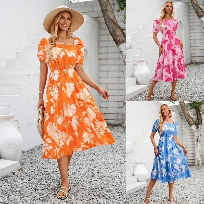 SHAN-Self-Designed New Summer Women's Clothes Casual Fashion Diagonal Collar Floral Print Fresh Dress