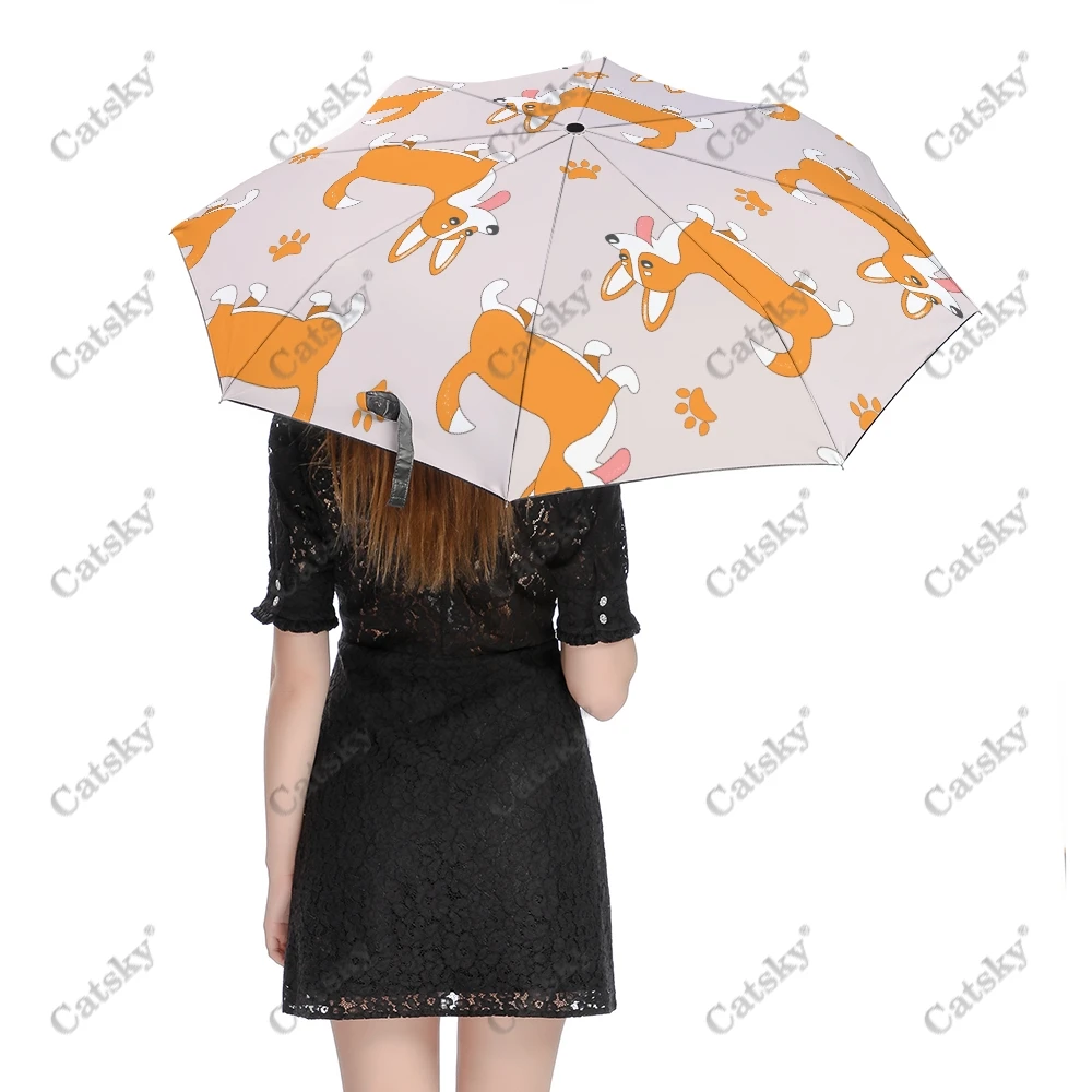 코기 패턴 접이식 우산, 자동 개폐, 여행용 우산 컴팩트, 경량 방풍 우산 