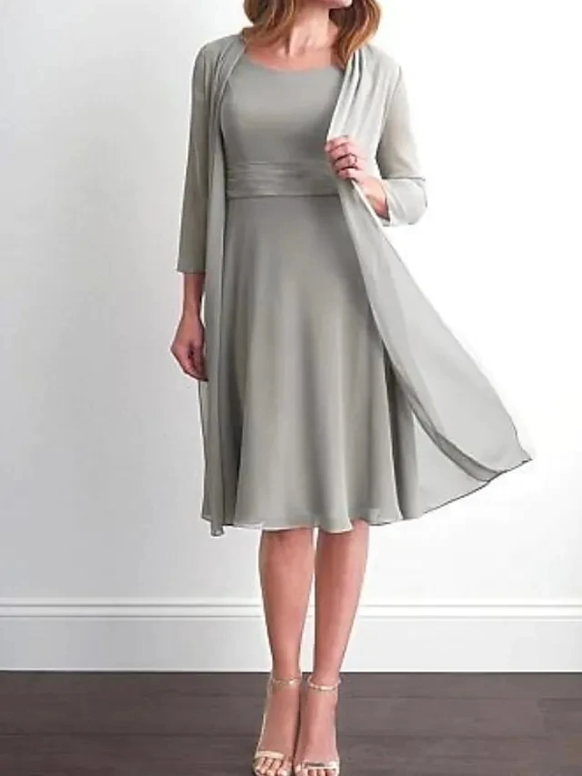 

Vintage Two Piece A-Line Mother of the Bride Dress Wrap Included Jewel Neck Knee Length Chiffon Long Sleeve with Ruching