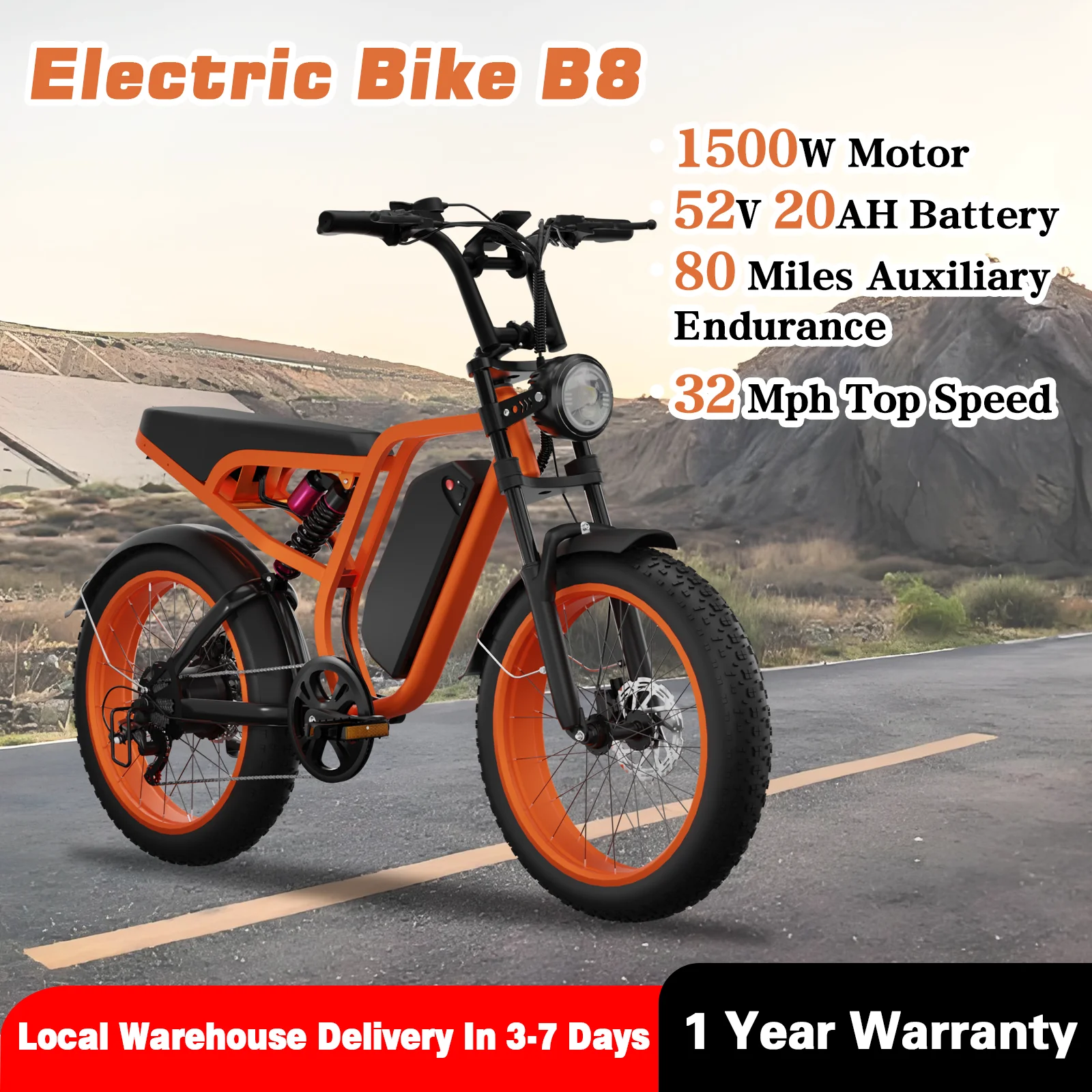 Moobelo B8 Electric Bike for Adults 20'' 1500W Motor 80 Miles Range 32MPH Mountain Snow Electric Bike 52V 20AH Removable Battery