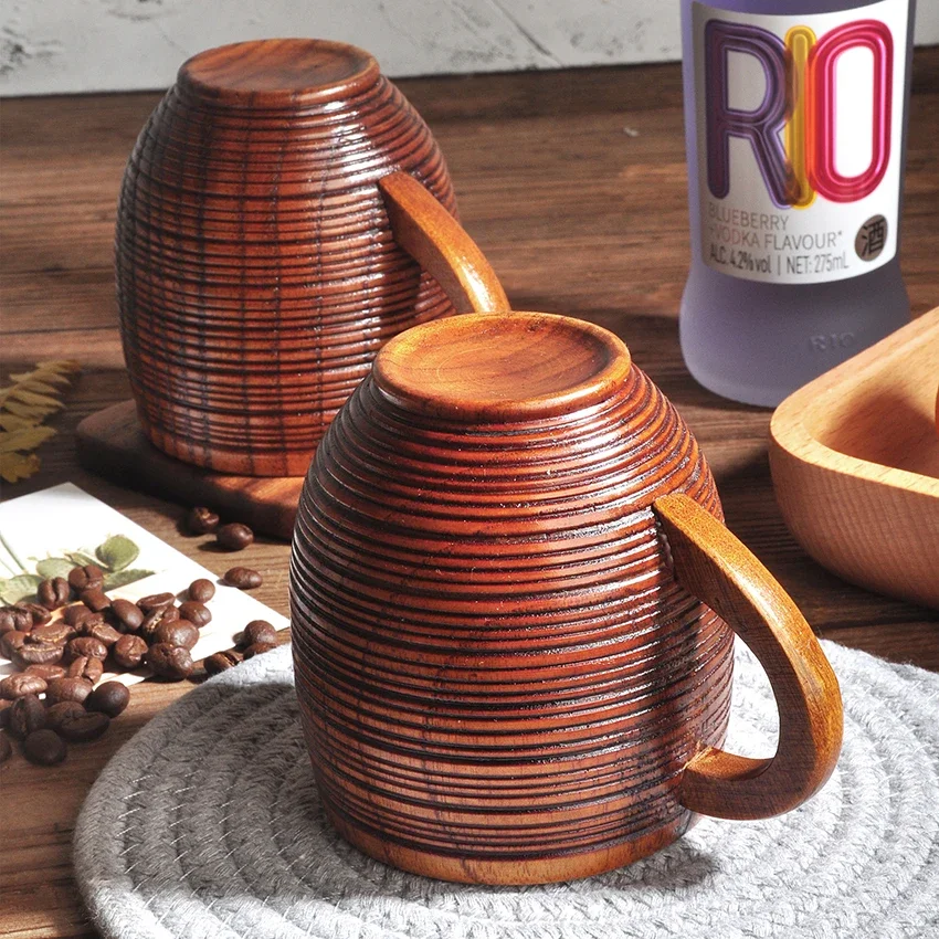 Wooden Big Belly Mug Cup with Handle Handmade Natural Wood Beer Tea Coffee Milk Water Cup Japanese Drinkware Kitchen Bar