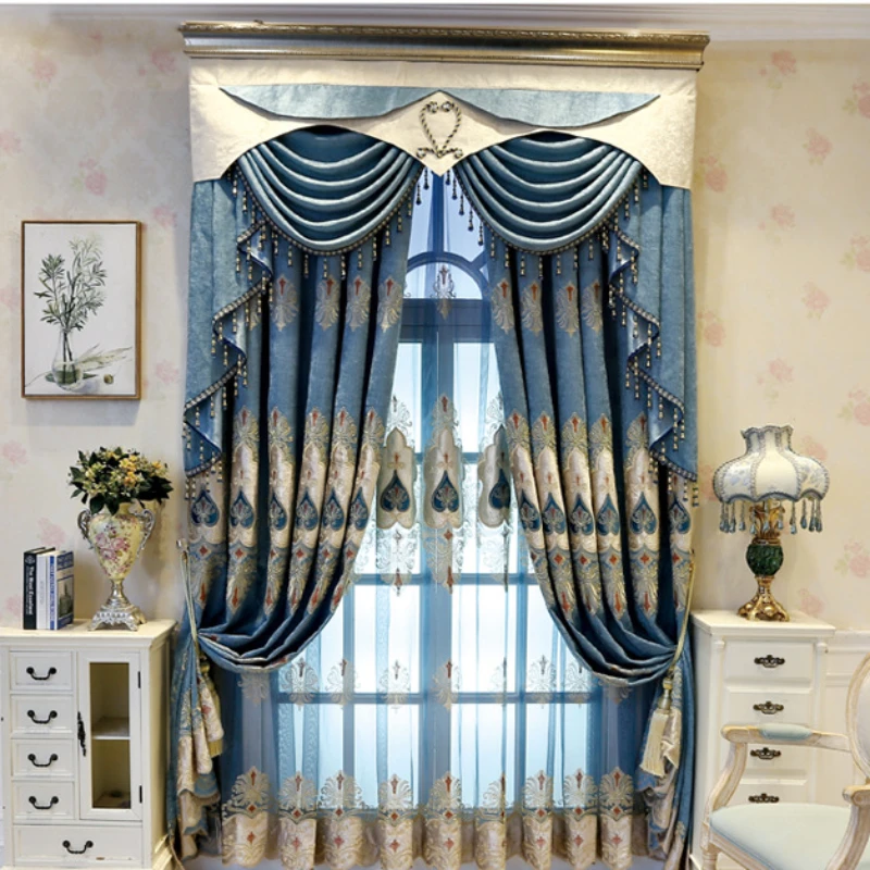 

New European-style Blue Chenille Curtains for Villa Living Room Embroidered Decorative Curtains Finished Bedroom Study Curtains