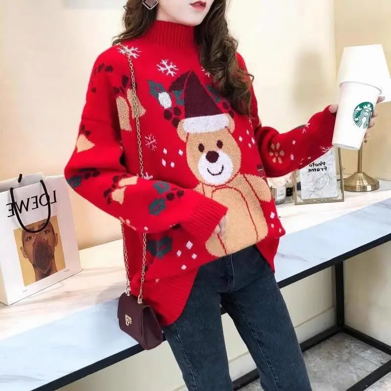 thumbnail image 1 of Suéter con estampado de dibujos animados de color rojo navideño para mujer, camiseta de punto de cuello alto para primavera y otoño, camiseta holgada con cuello redondo que combina con todo, 1 of 4