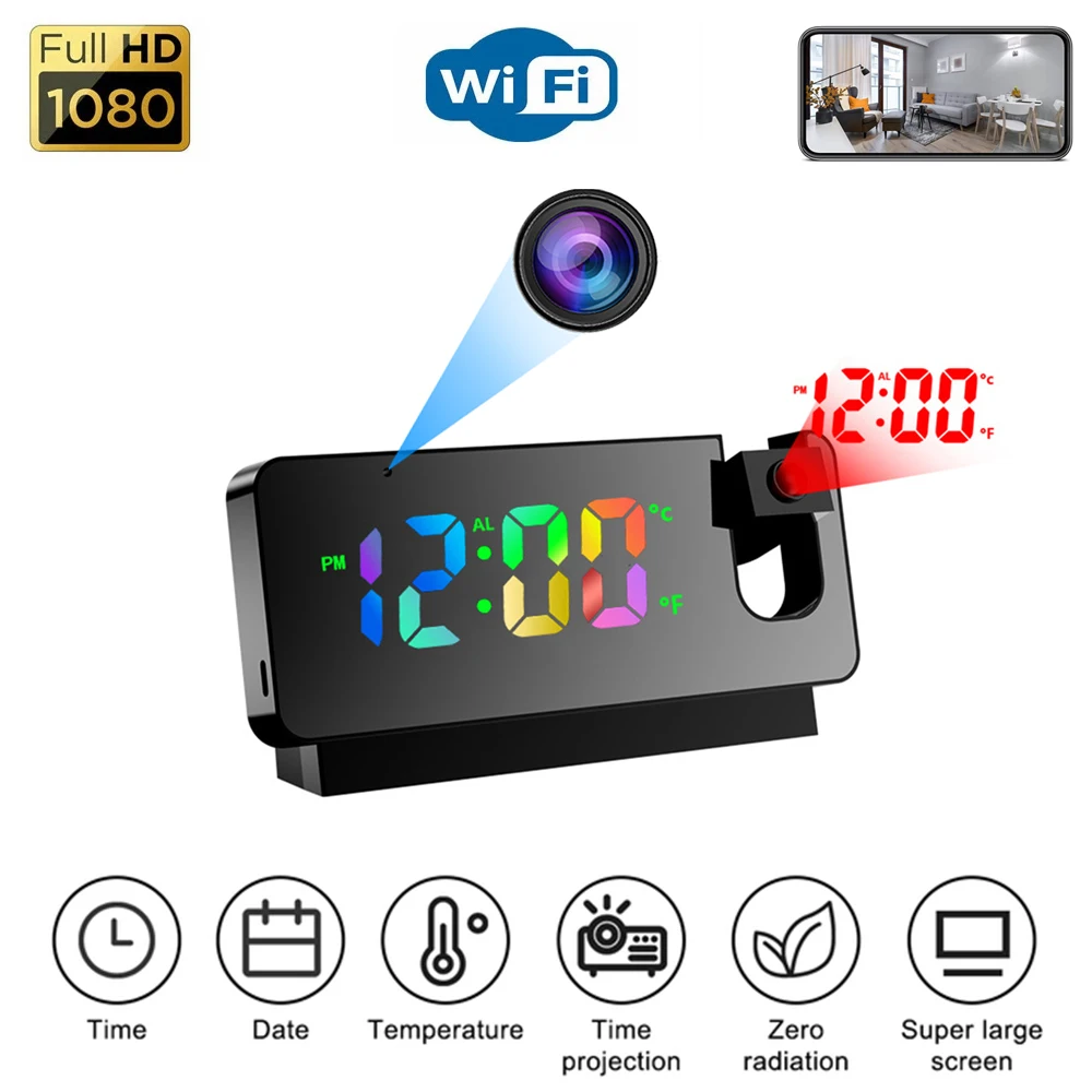 TimeProjectionAlarmClockCameraWithTemperatureMonitoringHD1080P