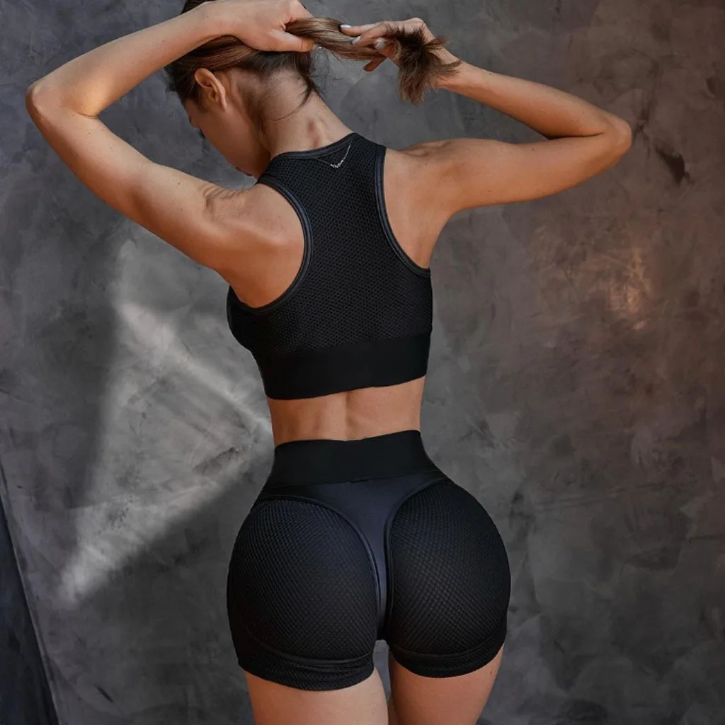 

Mesh Gym Sets Womens Outfits Sexy Sport Bra Shorts Set Women 2022 Summer Workout Clothes for Women Active Wear Black Patchwork
