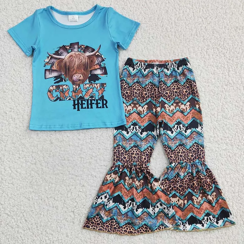 

Wholesale Toddler Western Crazy Heifer Outfit Children Kid Set Blue Short Sleeves Cow Shirt Baby Girl Leopard Bell Bottom Pants