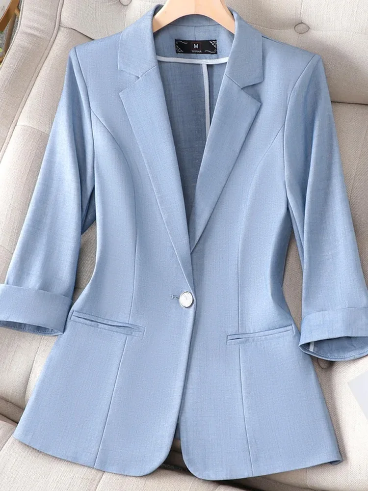 

French Style Women Office Casual Formal Wear Fashion Elegant 2024 New 3/4 Sleeve Blazers Single Breasted Blazers Jackets