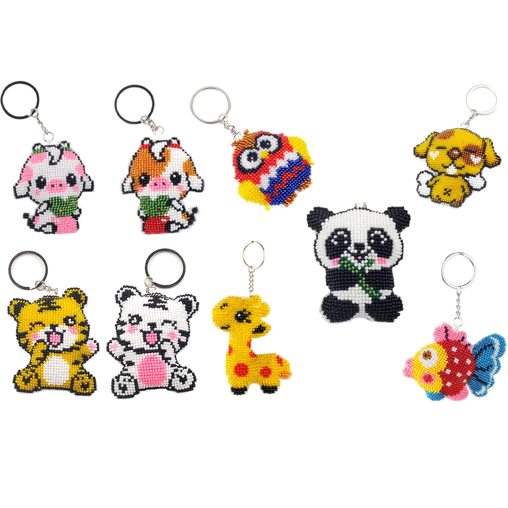 2/5Pcs Cartoon Animal Mosaic Beads Embroidery Keyrings Art Handmade Beads Cross Stitch Keyring Kit Gift for Friends