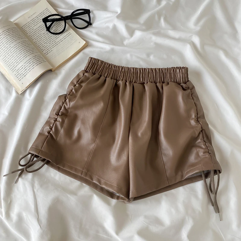 2021 Autumn Winter Zipper Womens PU Leather Shorts Female Black High Waist Korean Style Short Femme Shorts For Women Clothing short shorts Shorts