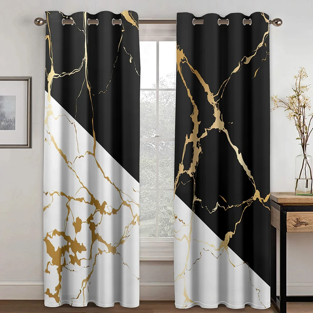 

3D Modern Marble Print Black&Gold 2 Panels Thin Curtain Window Curtains for Living Room Luxury Bedroom Decor Drapes New Style