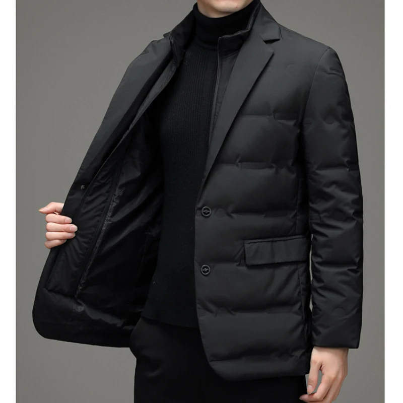 Winter Down Jacket Men Thick Warm Suit Collar Puffer Down Jacket Luxury Brand Business Casual Suit Long Sleeve Solid Coat
