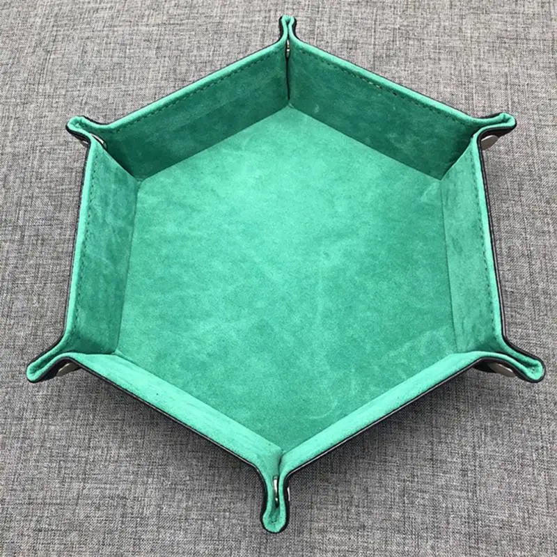 롤링 접이식 육각형 주사위 게임 보관 트레이, PU 가죽 및 벨벳 매트 거치대, 양면 두꺼운 사무용품 보관