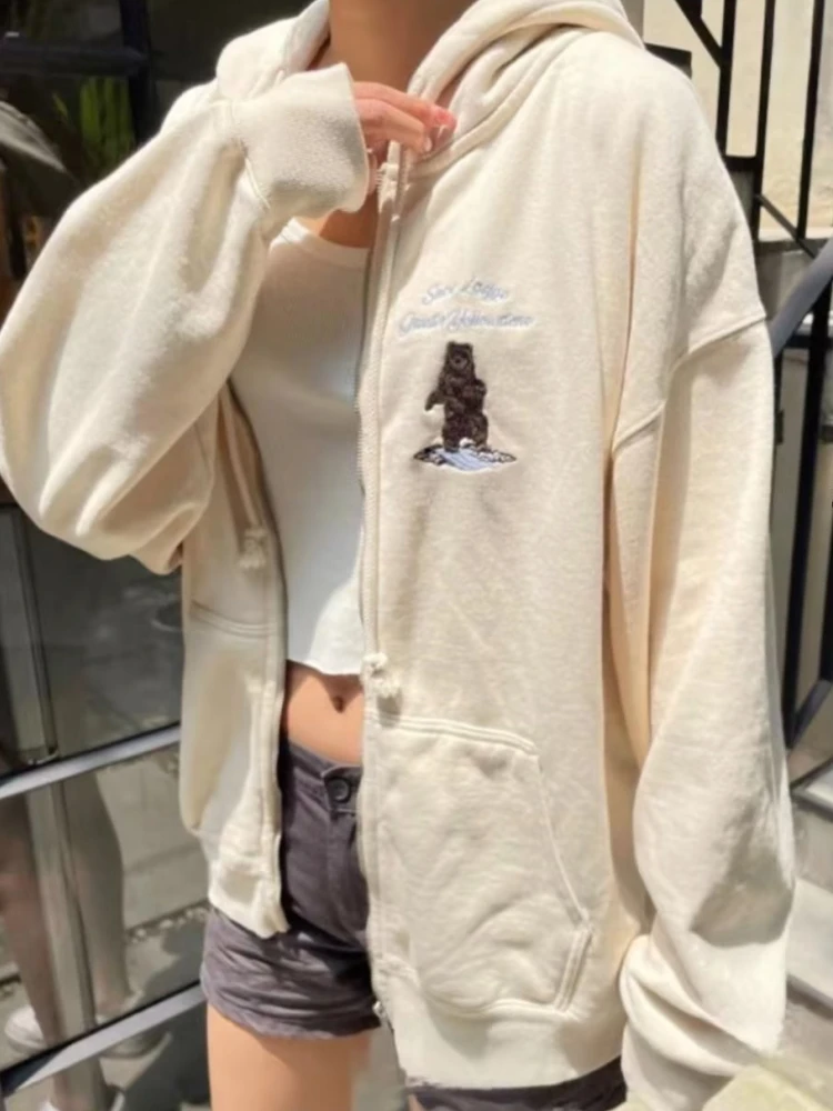

Casual Women Beige Zipper-up Loose Sweaters 2023 Fall Vintage Hooded Long Sleeves Bear Embroidery Sweaters Female Chic Outwears