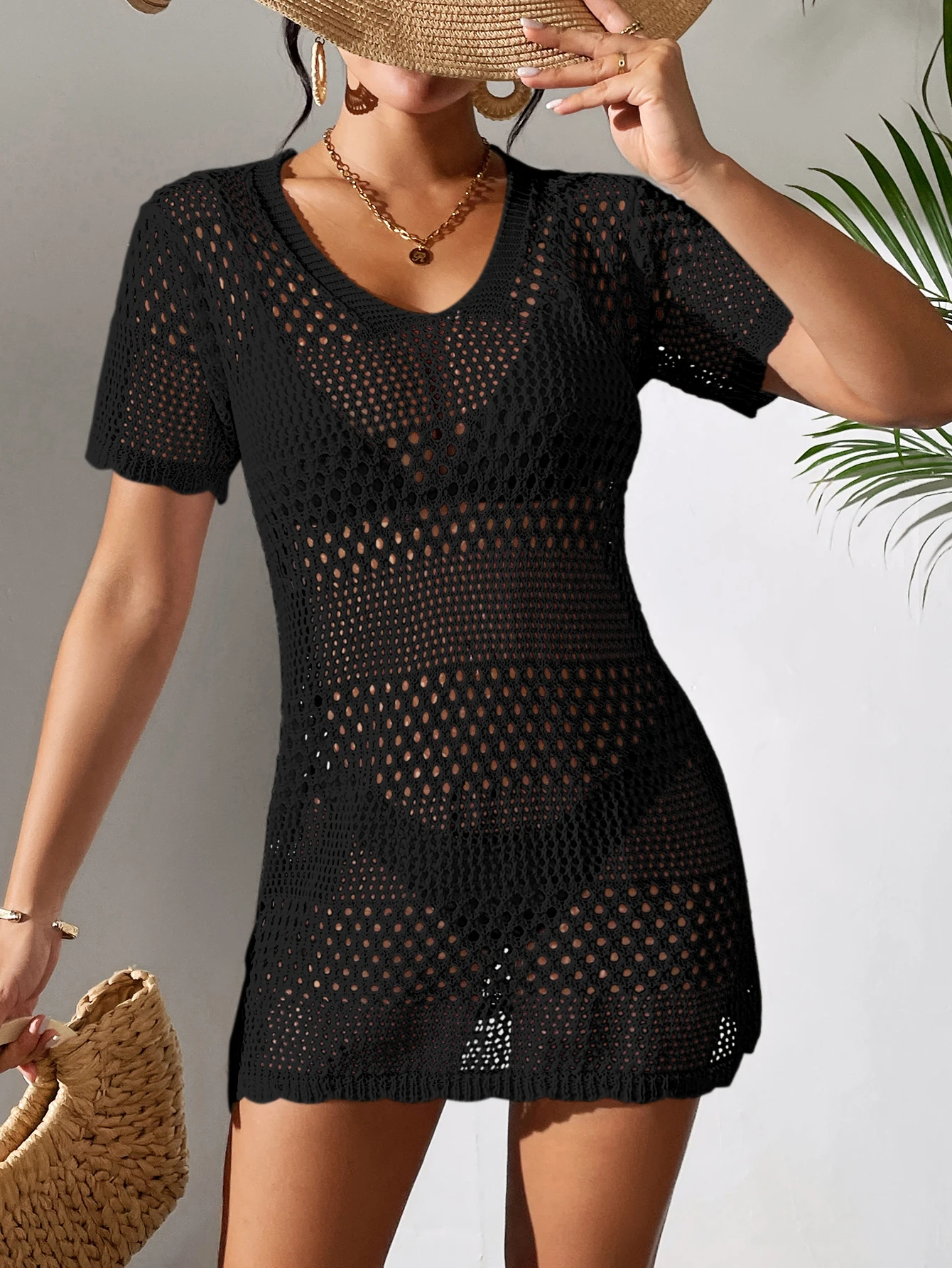 Women Short Sleeved Knit Casual Beach Slim Tops V-Neck Sexy Hollow Out Solid Color Knitting Crochet Cover Up swimsuit cover up swimsuit coverup fishnet cover up