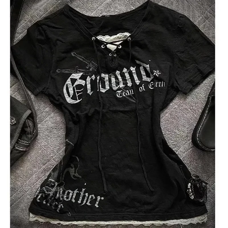 Vintage Black Gothic Punk Graphic V-Neck Hoodie Tee