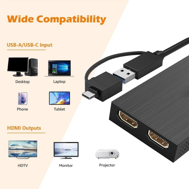 

Адаптер USB TypeC с двойным выходом, поддержка 4k, 3840x2160, 30 Гц для нескольких мониторов. Расширение экрана.