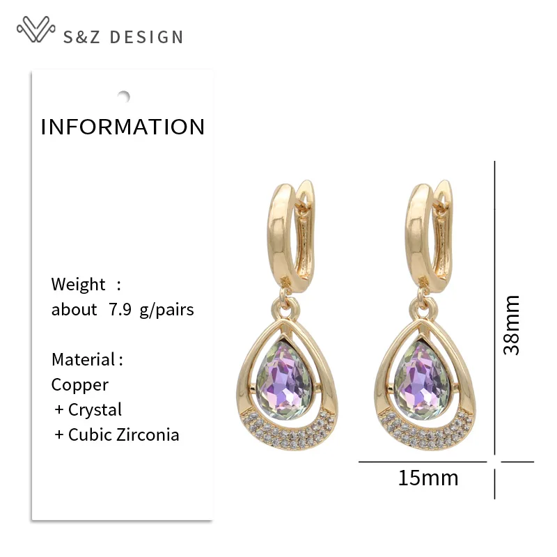 S&Z DESIGN New Fashion Water Drop Crystal Dangle Earrings For Women Elegant Jewelry Champagne Gold Color Cubic Zirconia Eardrop
