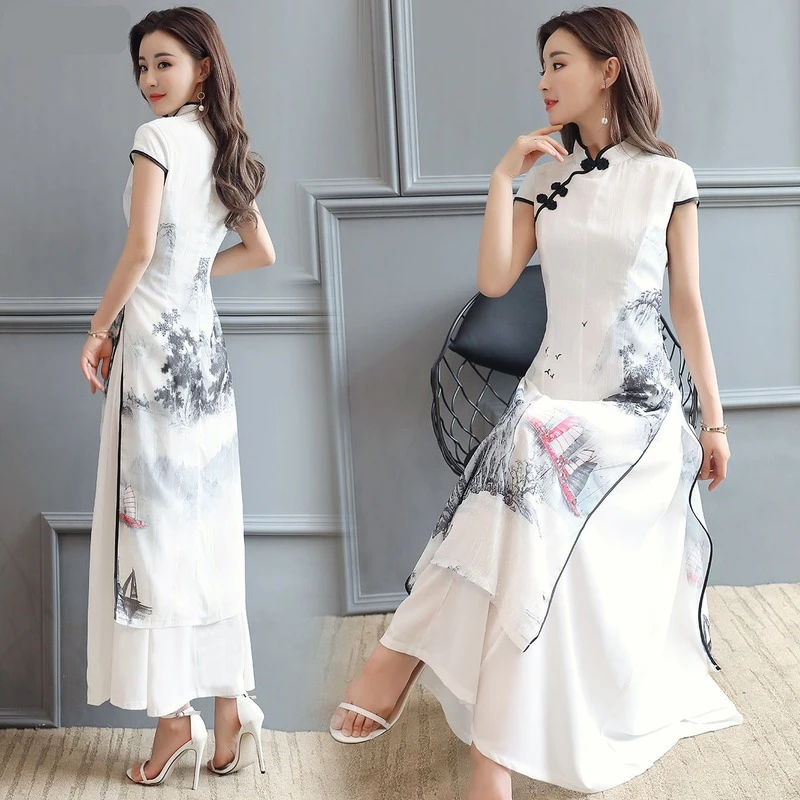 Women Chinese Traditional Hanfu Landscape Painting Cheongsam White Dance Dress Qipao Chiffon Robe Vintage Chinese Style Dresses