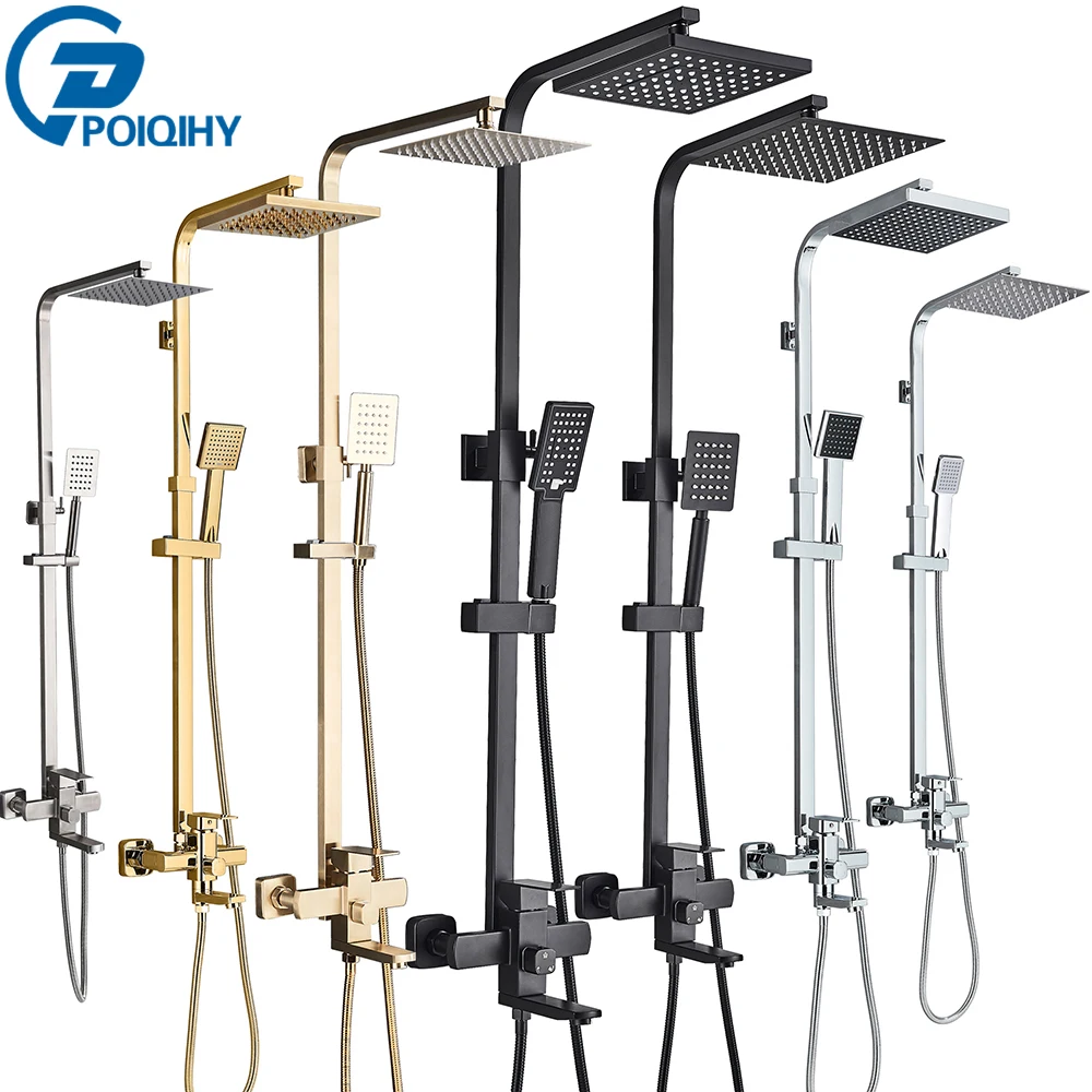 Bathroom Shower Faucet Set POIQIHY Black Bathroom Shower Faucet Set Wall Mount 8" Rainfall Shower Head With Handheld Sprayer Bathtub Mixer