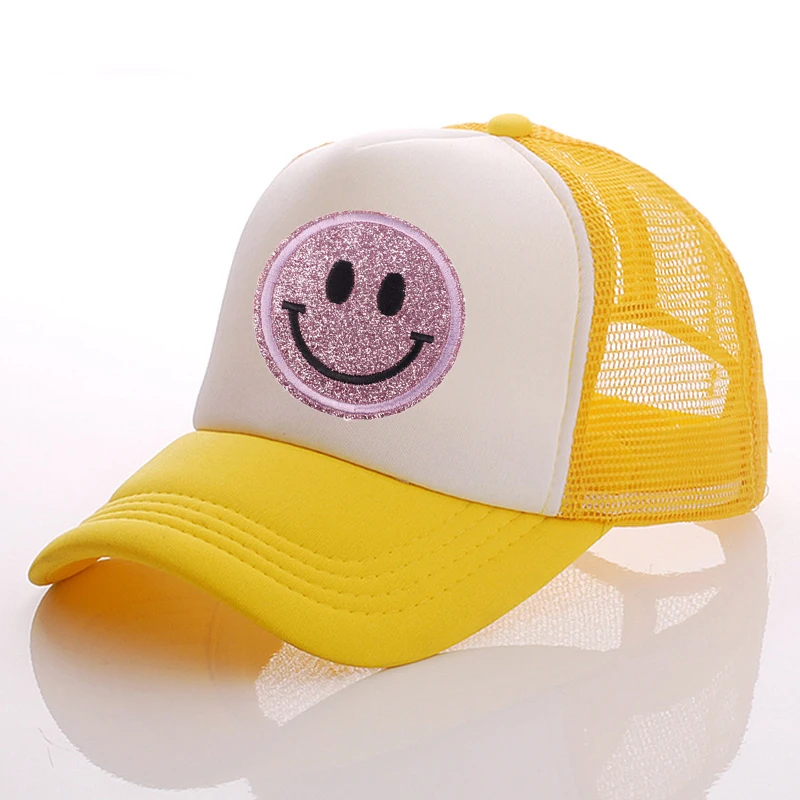 designer skully hat 2022 New 23 Colors Glitter Smiley Trucker Hat Men's Mesh Hat Summer Hat Trucker Hat Smiley Hat Adjustable Hat Cap Men  Unisex yellow skully hat Skullies & Beanies