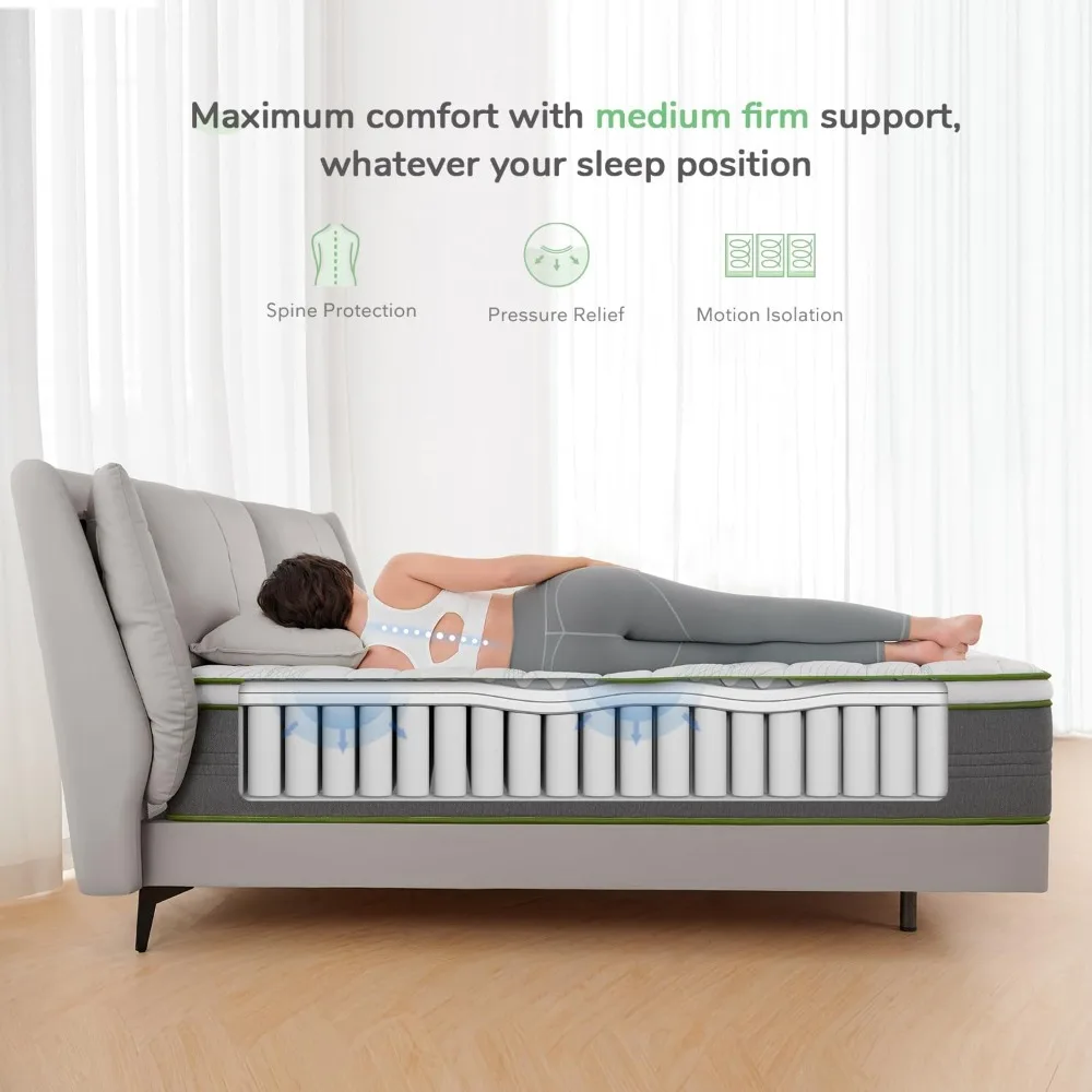 10 Inch Hybrid Mattress in a Box with Individually Wrapped Pocket Coils & Memory Foam, Supportive & Pressure Relie