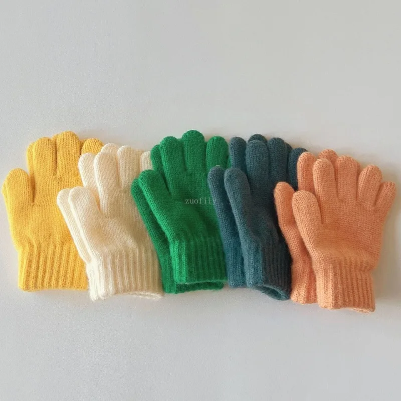 3-7Yrs Winter Children Girls Soft Full Finger Solid Thicken Warm Gloves Baby Outdoor Warm Boys Mittens Acrylic Gloves for Kids 3