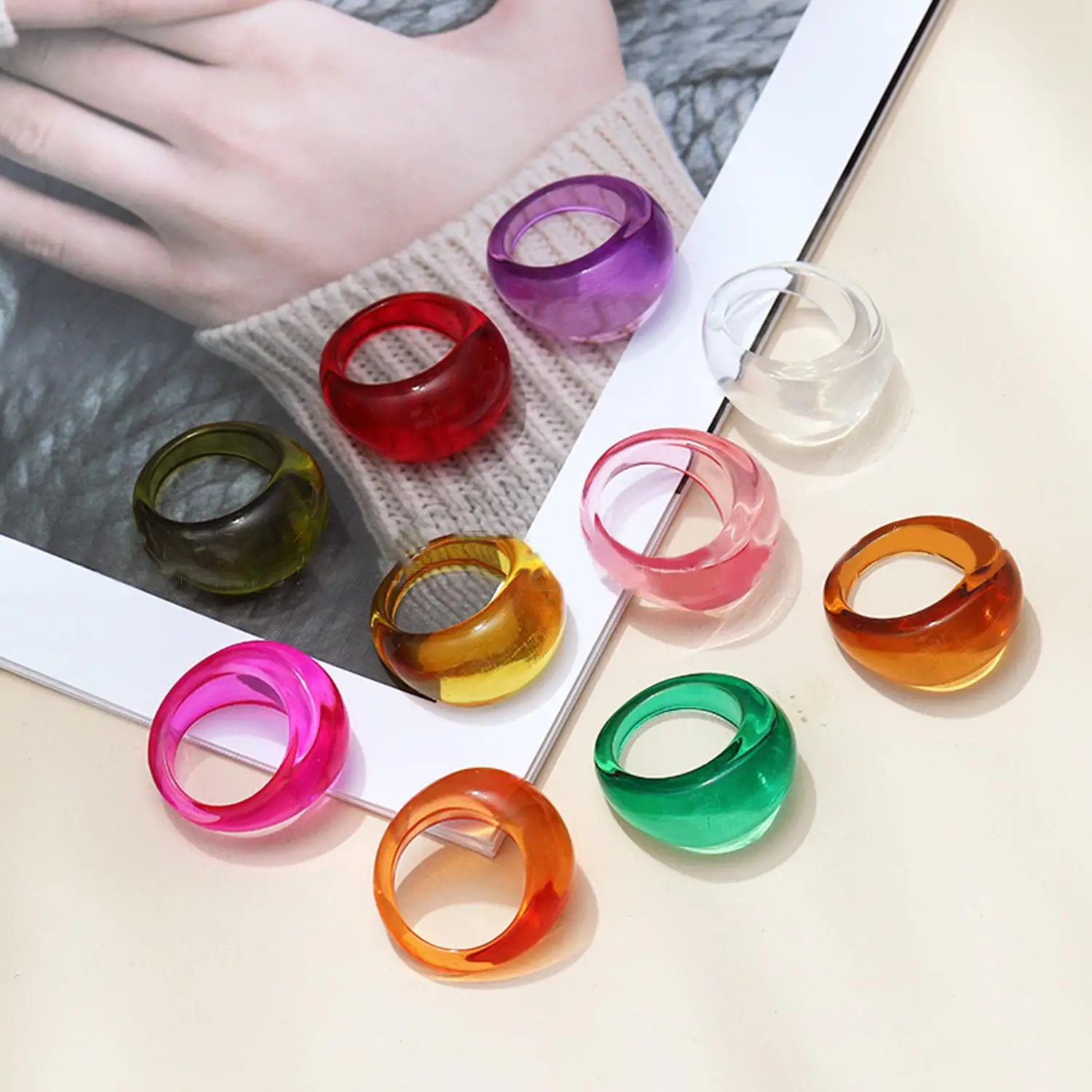 Korean Colorful Acrylic Vintage Round Rings - Bold Fashion Jewelry