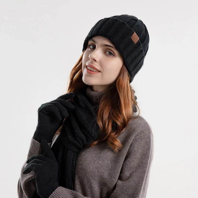 Knit Beanie Hats and Scarf Set for Men Women Touchscreen Gloves Warm Thin Velvet Lined Thick Ribbed Long Scaves Winter Outside