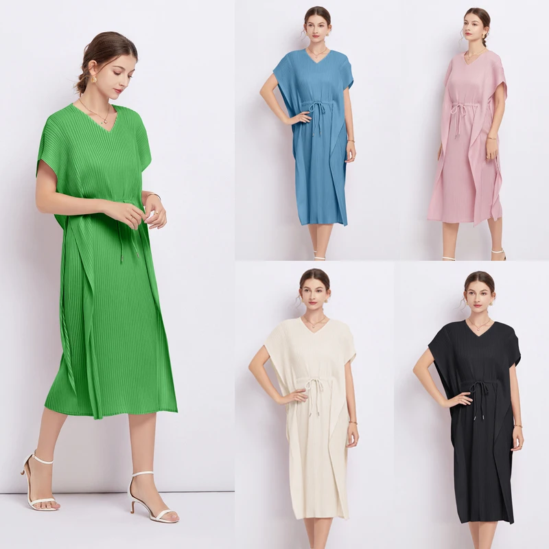 

Sanzhai Pleated Skirt 2023 Summer V-neck Loose Size Bat Sleeve Magic Skirt Solid Color Waist Length Knee Long Dress Women's Robe