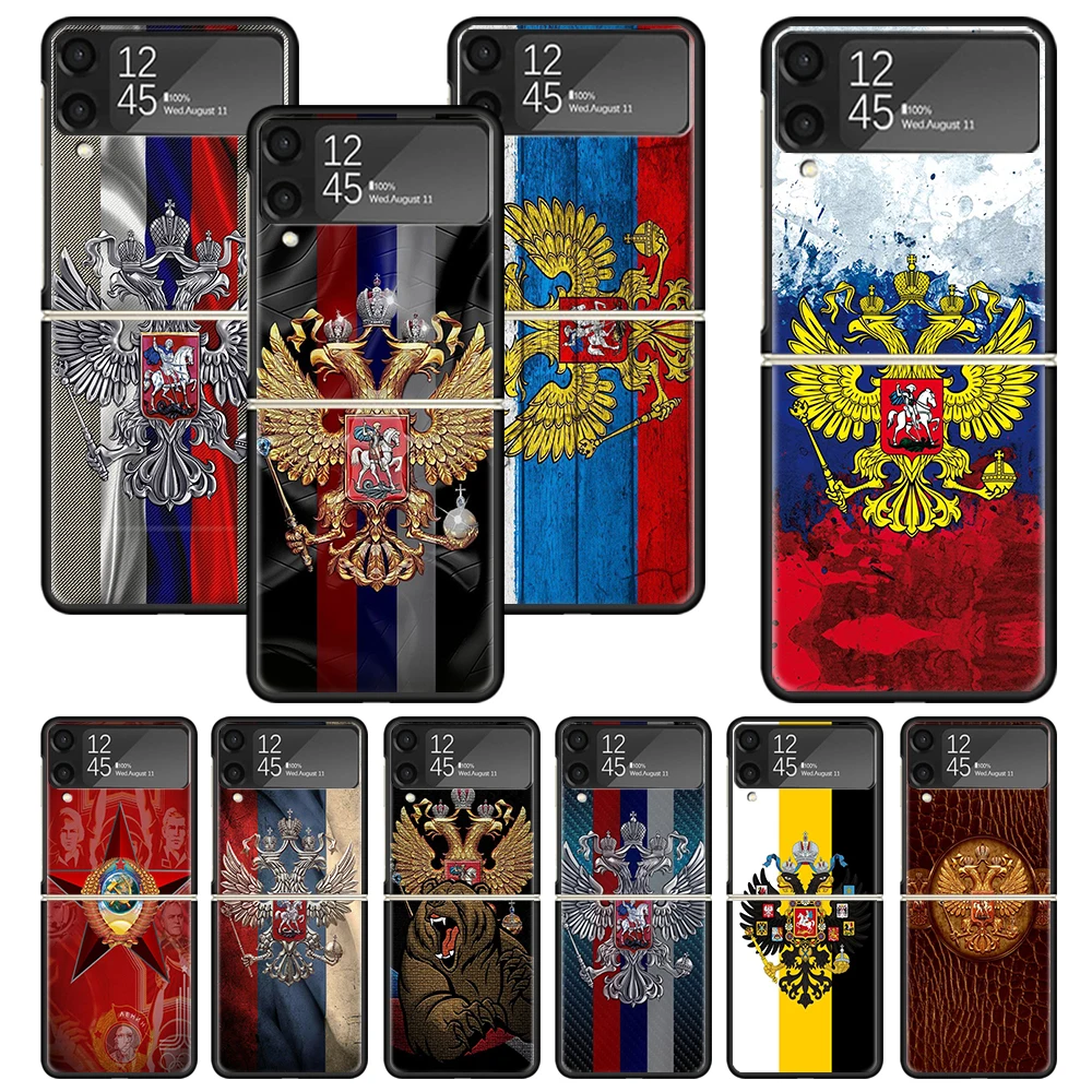 Russia Russian Flags Emblem Print Case Per Samsung Galaxy Z Flip 3 4 5 5G Black Hard Cell Phone Shell Zflip3 Flip4 Flip5 Pattern