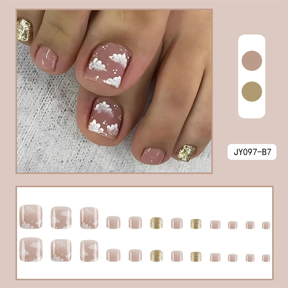 French Design Press-On Toe Nails - 24 Pcs Summer Acrylic Reusable Set with Tool Kit