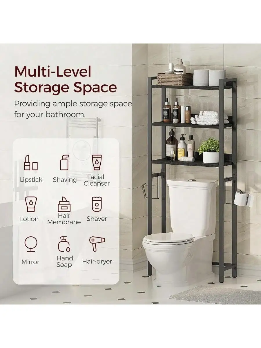 Over The Toilet Storage Rack 3 Tier Bathroom Organizer Over Toilet Freestanding Space Saver Toilet Stand with 2 Hooks Ba 3