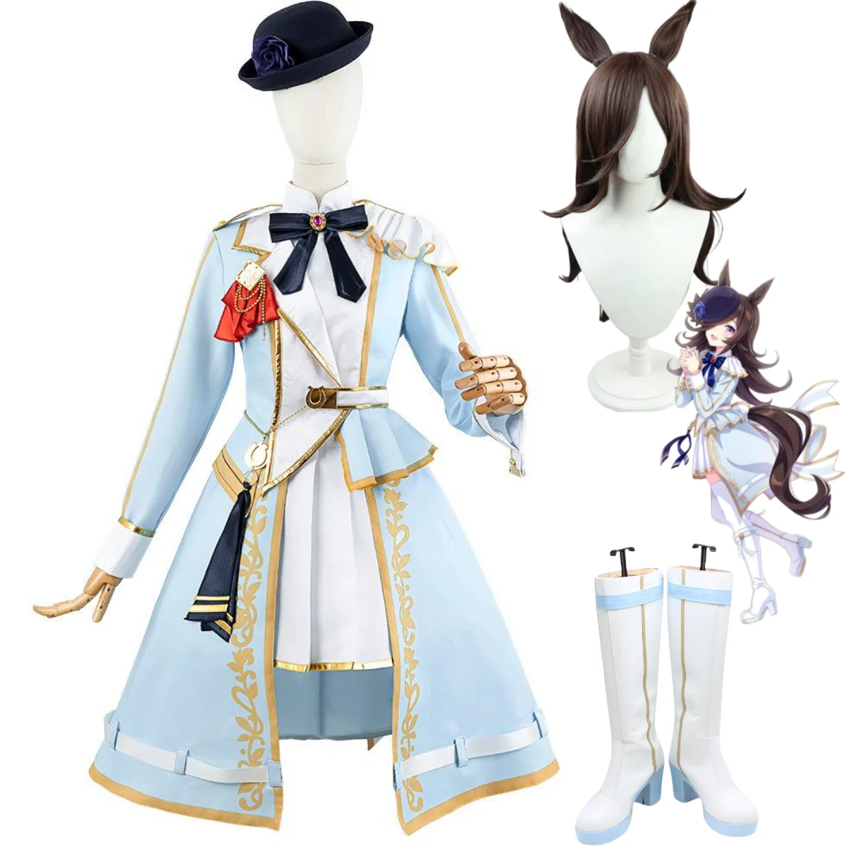 

Anime Game Umamusume: Pretty Derby Rice Shower Cosplay Costume Wig Blue Lolita Skirt Boots Woman Kawaii Masquerade Ball Suit