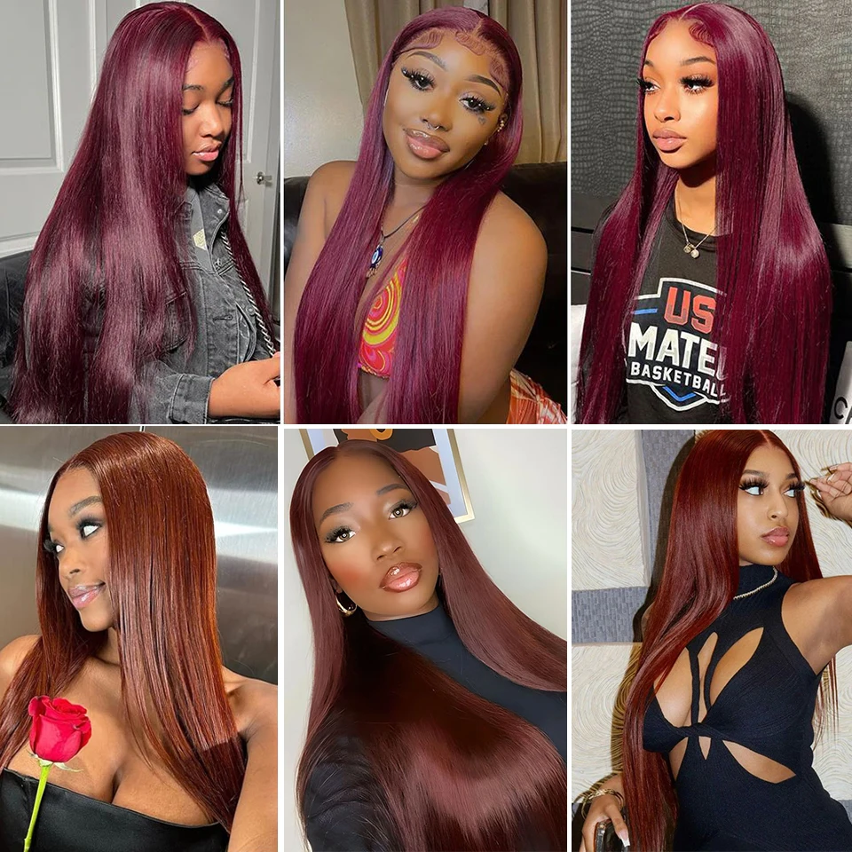 Human Hair Bundles 99J Straight With 4x4 Closure Reddish Brown Burgundy