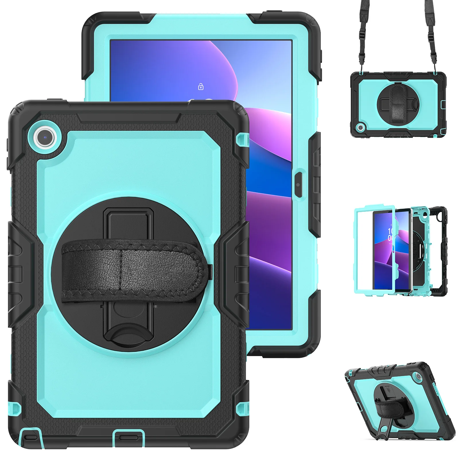 Rugged Armor Tablet Case with Screen Protector and Rotating Stand - Heavy Duty Cover with Shoulder Strap