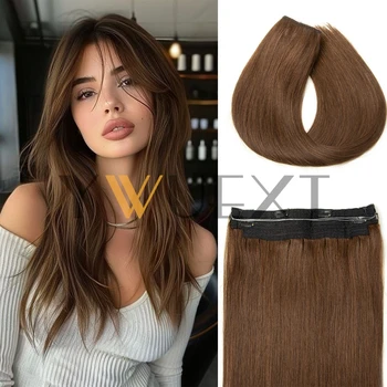 Brown Clip In One Piece Human Hair Extensions with Adjustable Fish Wire 12-24 inches Halo Hair Extensions Flip ins 60-100g
