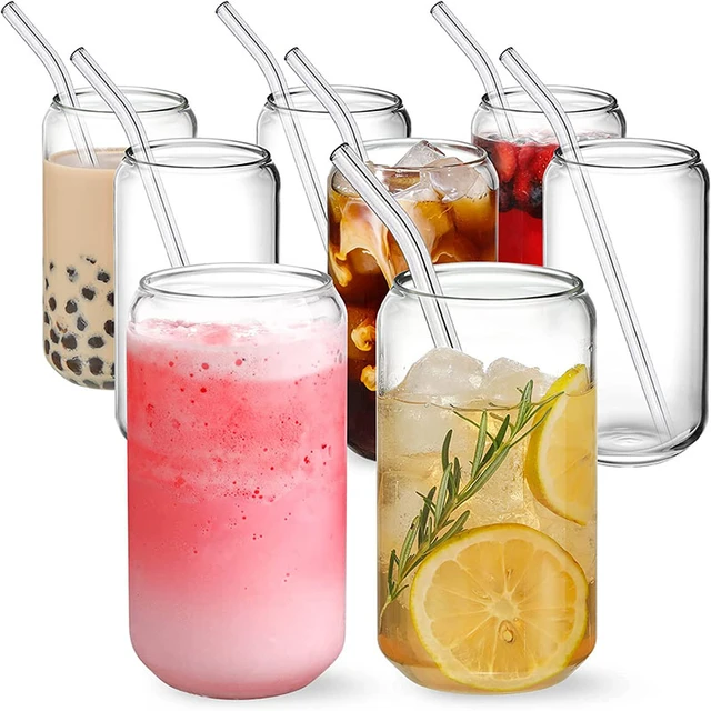 16oz Beer Can Glass with Bamboo Lids and Glass Straws,6pcs Drinking Glasses Can Shaped Glass Cups, Beer Glasses, Glass Coffee Cups, Wine, Cocktail