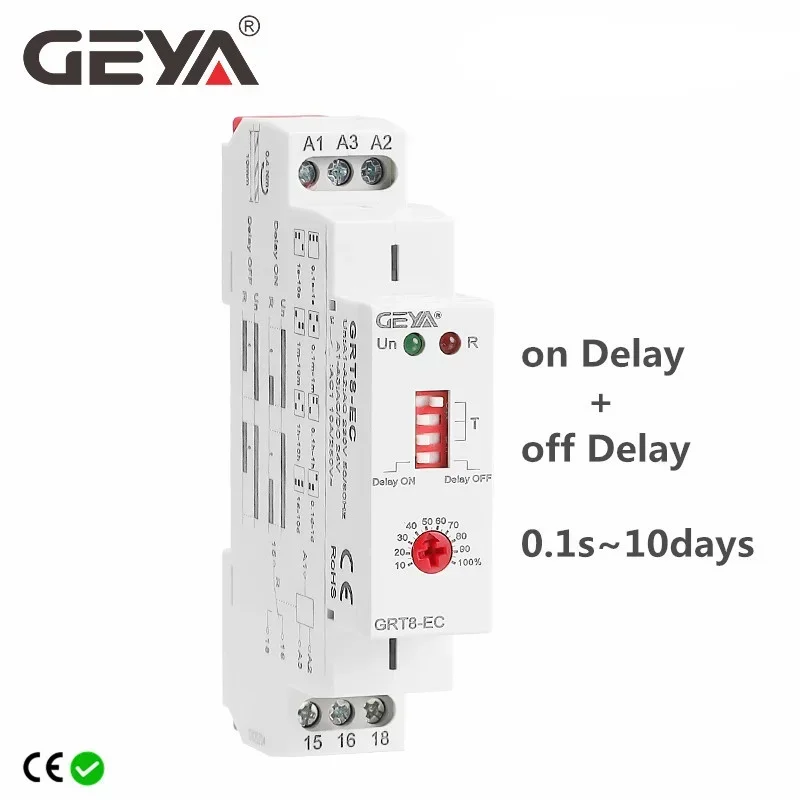 GEYA GRT8-EC 10A Dual function Timer Relay on Delay or off Delay Relay AC220V/DC24V AC380V Time Relay CE CB ROHS 110 220v timing delay relay module cycle timer digital led dual display 0 999 minutes timing relay time delay switch