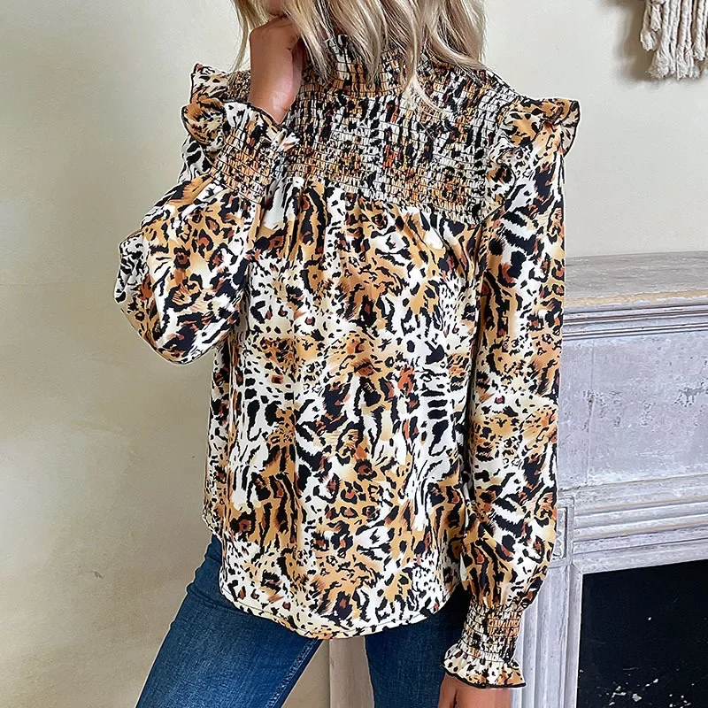 

Chiffon Leopard Women's Shirts New Vintage Blouses Spring/Summer O-Necks Print Clothing Loose Fashion Long Sleeves Tops