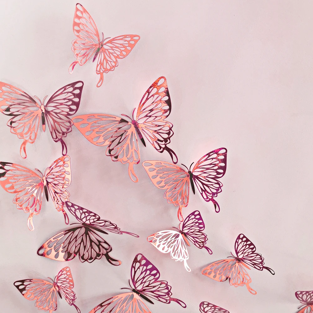 Lot De 24 Décorations Murales Papillons 3D Gosknor - Or Rose - Tailles Variées - Autocollants PVC Réutilisables