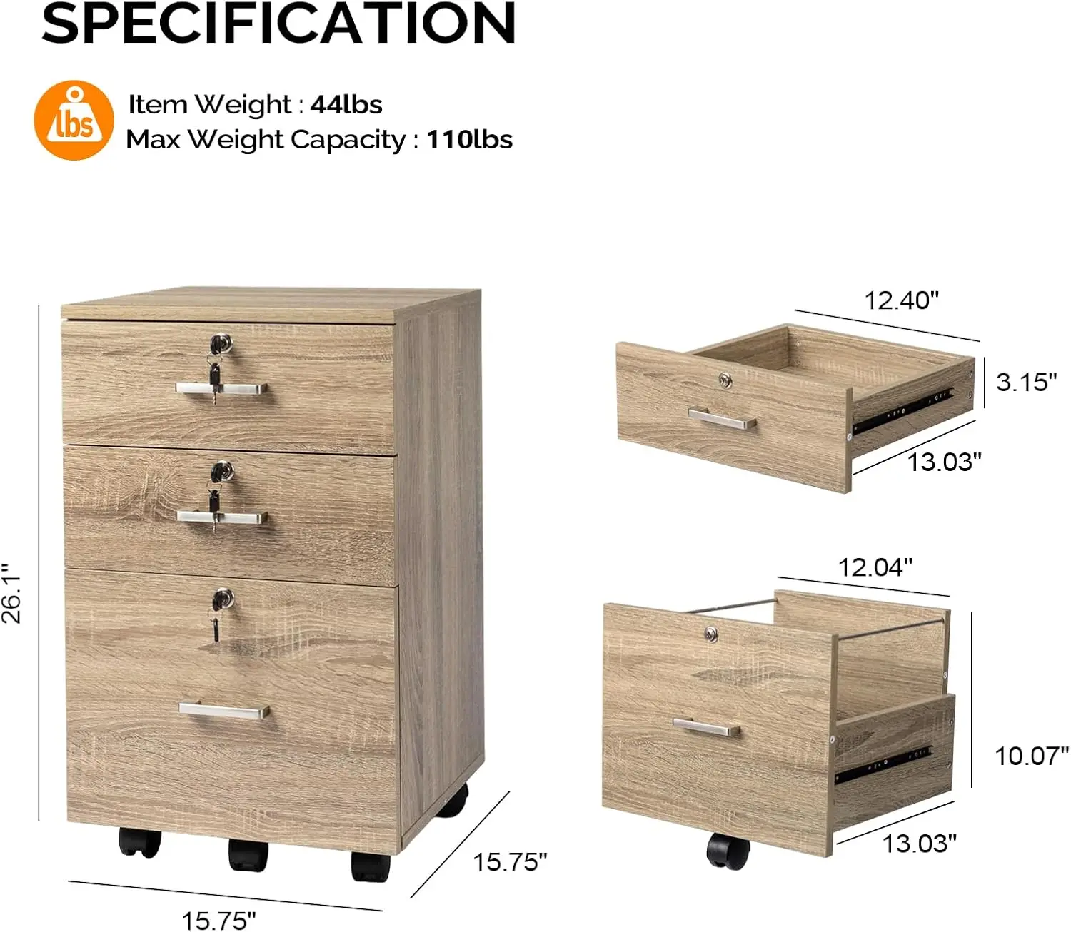 3-Drawer File Cabinet with Lock, Wood Rolling Filing Cabinets for Home Office, Mobile Printer Stand, Under Desk File Organizer