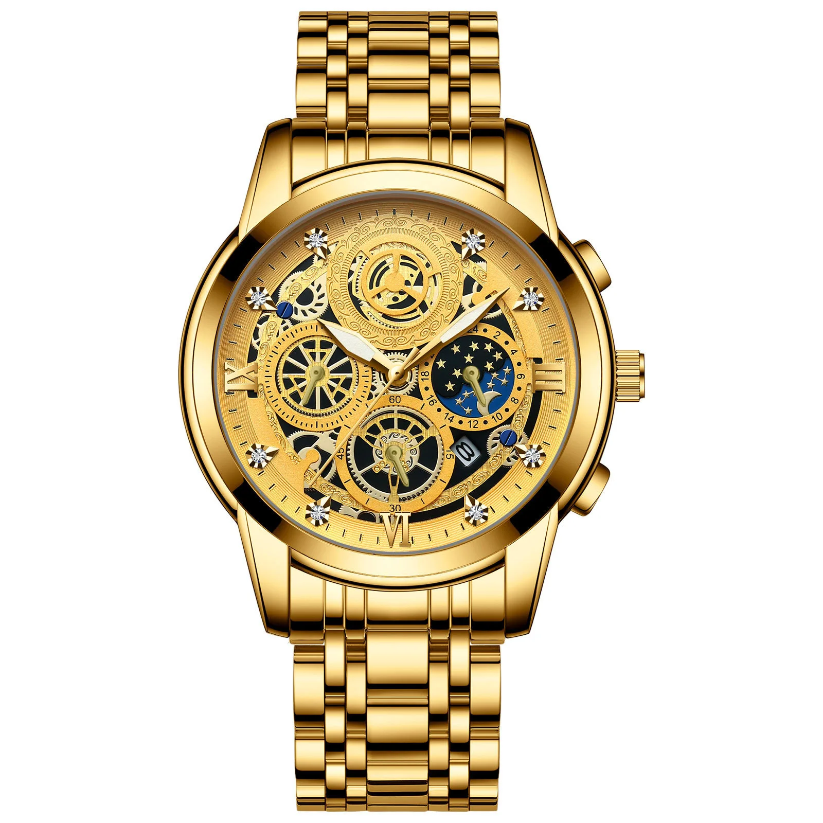 2022 popular calendar men's fashion watch hollow flywheel Rhinestone waterproof sun moon stars luminous quartz steel band Watch