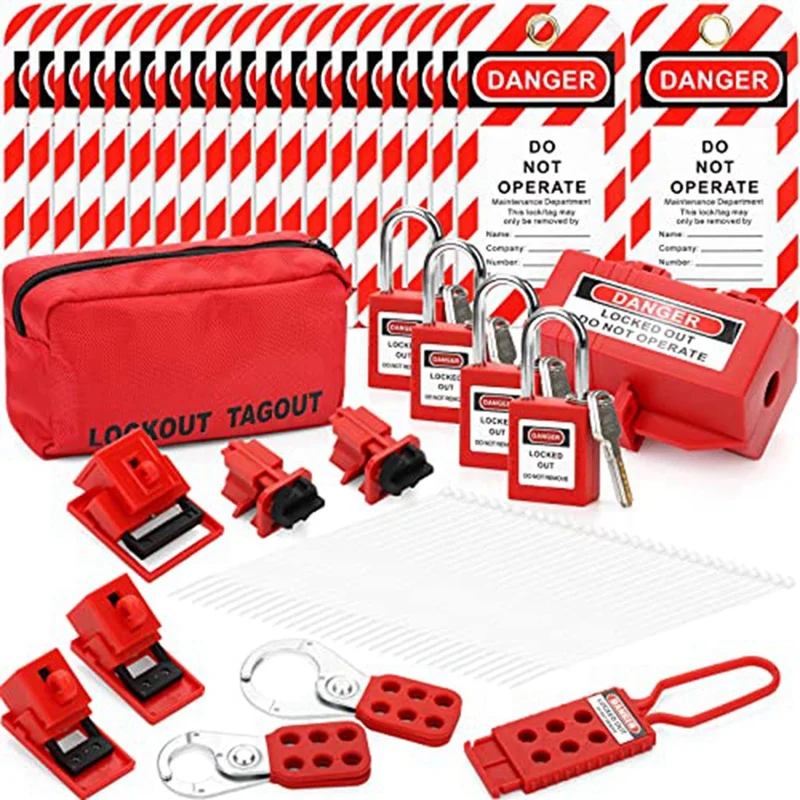 

Electrical Lockout Tag Kit Hasp Set Strap, Carrying Case Set Clamp And Universal Multi-Pole Circuit Breaker Lockout