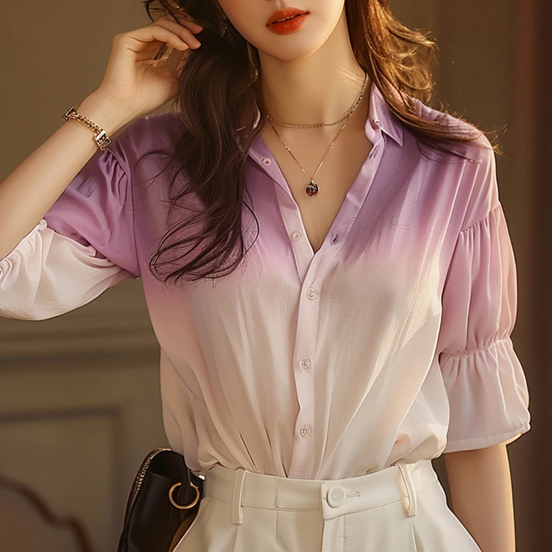 

Шифоновая женская рубашка, летние винтажные свободные женские топы с коротким рукавом, рубашка-поло с воротником, модная одежда YCMYUNYAN