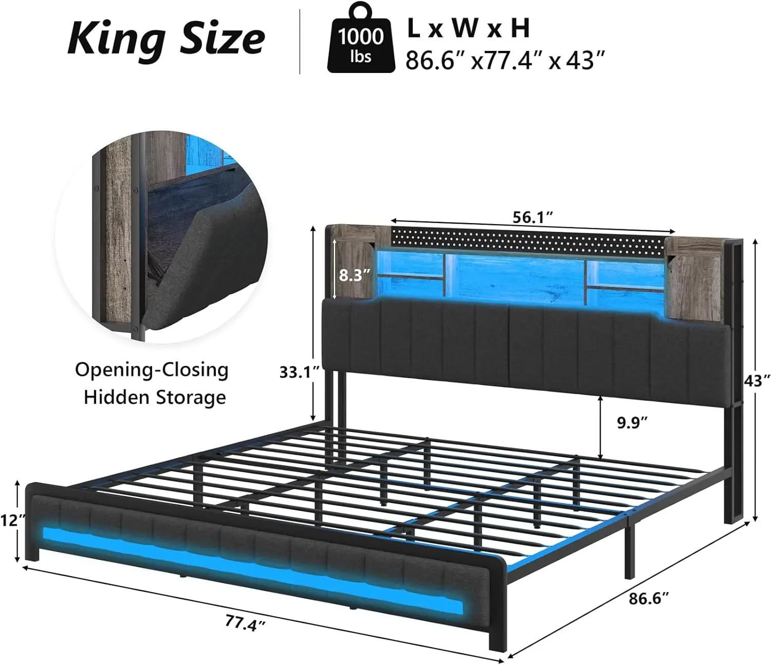 Description Picture 2 of itemKing Size Bed Frame and Bookcase Storage Headboard, LED Upholstered Bed Frame King with Charging Station